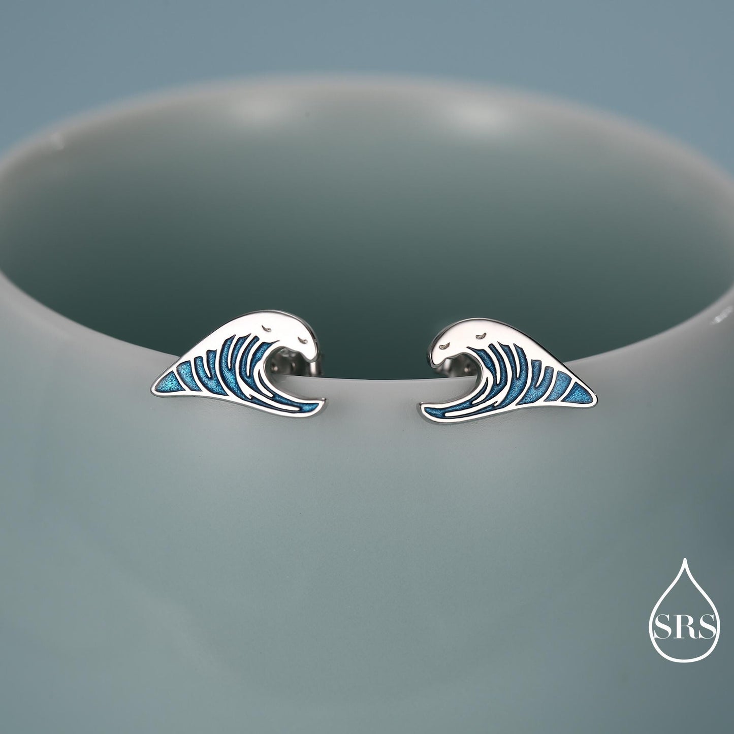 The Great Wave Sterling Silver Enamel Stud Earrings, Ocean Earrings with Hand Applied Enamel, Wave Earrings