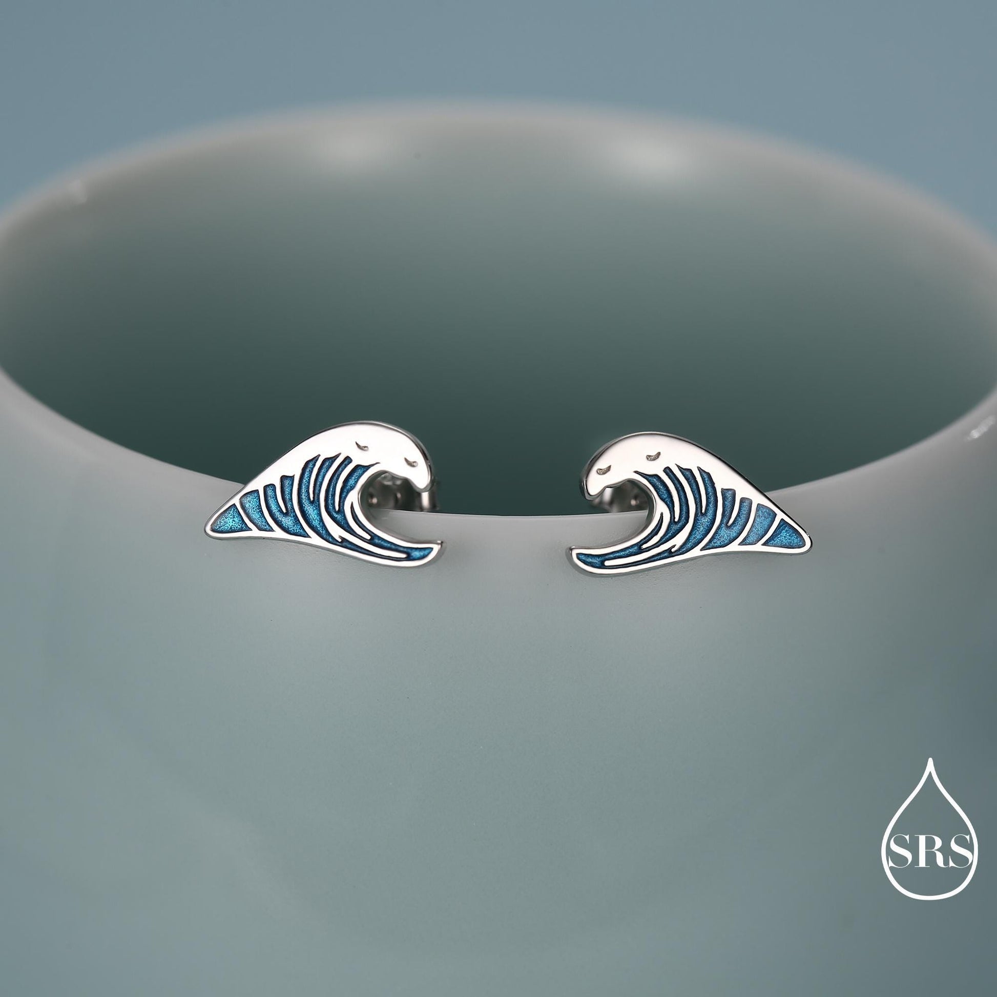 The Great Wave Sterling Silver Enamel Stud Earrings, Ocean Earrings with Hand Applied Enamel, Wave Earrings