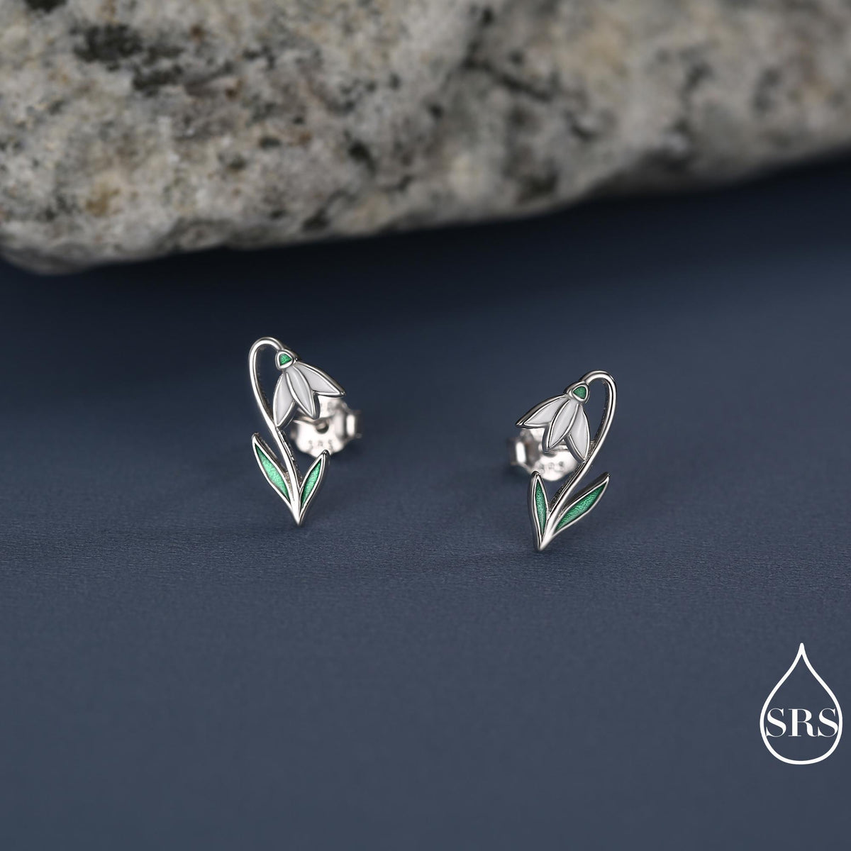 Sterling Silver Delicate Snowdrop Flower Stud Earrings with Enamel, Dainty Spring Blossom Earrings with Hand Applied Enamel