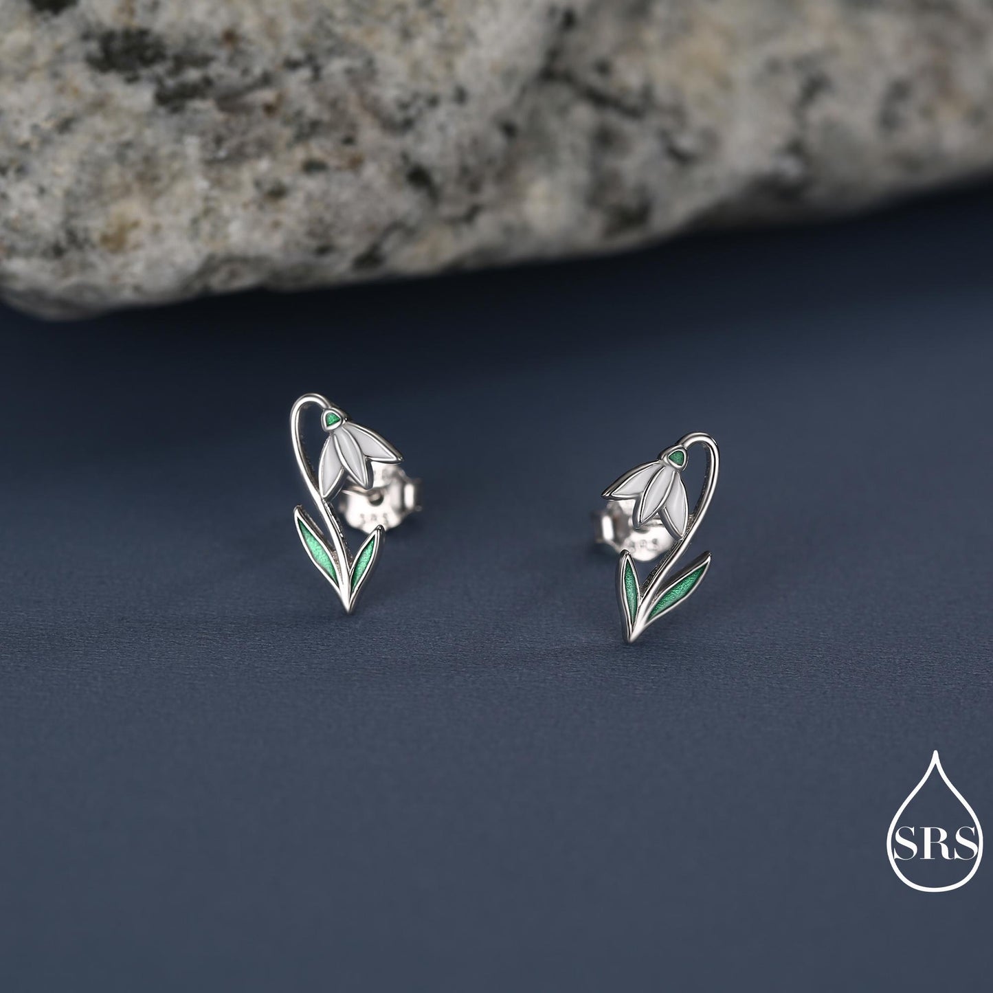 Sterling Silver Delicate Snowdrop Flower Stud Earrings with Enamel, Dainty Spring Blossom Earrings with Hand Applied Enamel