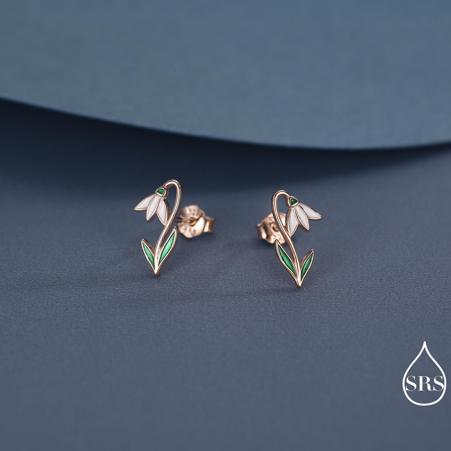 Sterling Silver Delicate Snowdrop Flower Stud Earrings with Enamel, Dainty Spring Blossom Earrings with Hand Applied Enamel