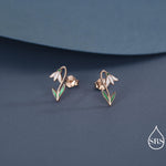 Sterling Silver Delicate Snowdrop Flower Stud Earrings with Enamel, Dainty Spring Blossom Earrings with Hand Applied Enamel