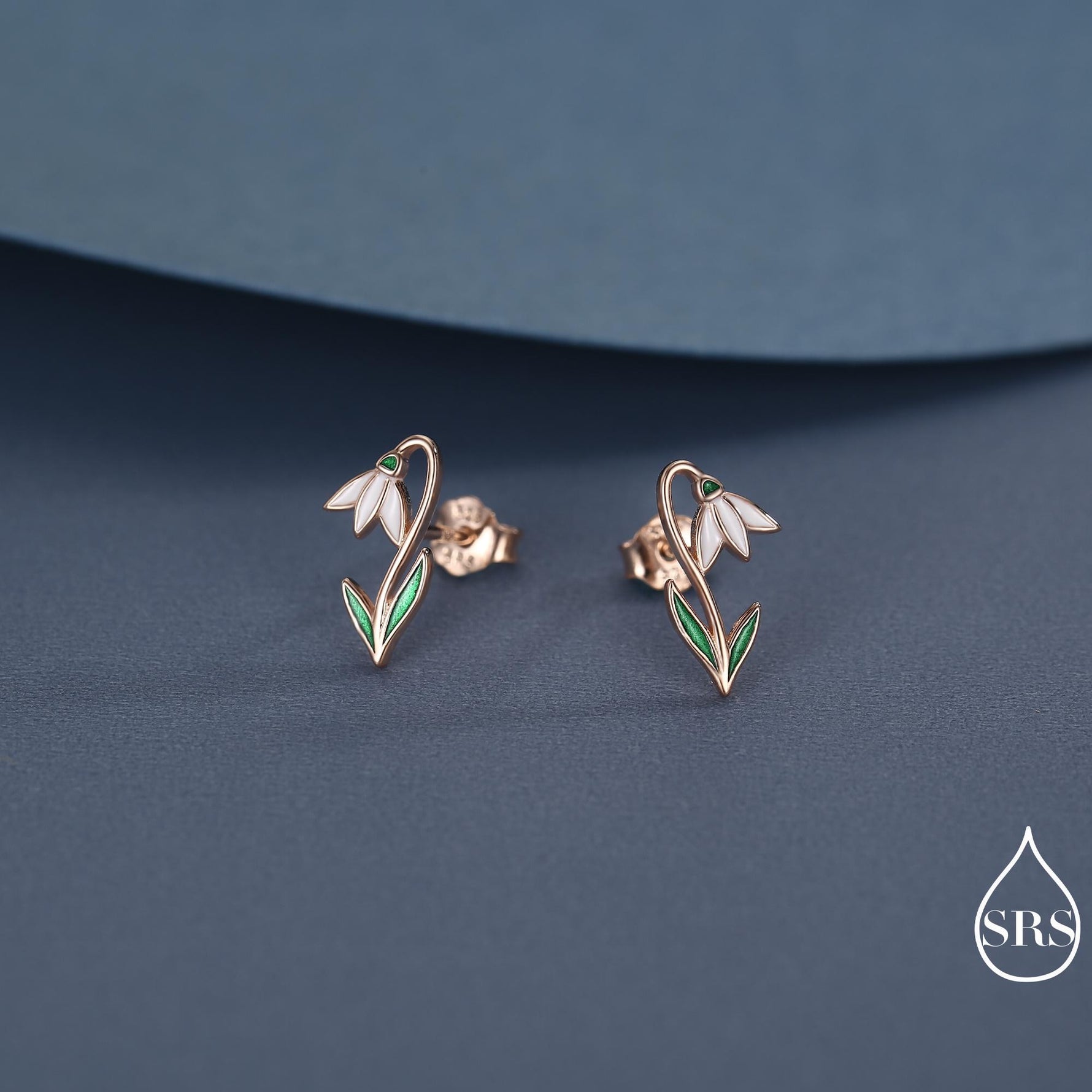 Sterling Silver Delicate Snowdrop Flower Stud Earrings with Enamel, Dainty Spring Blossom Earrings with Hand Applied Enamel
