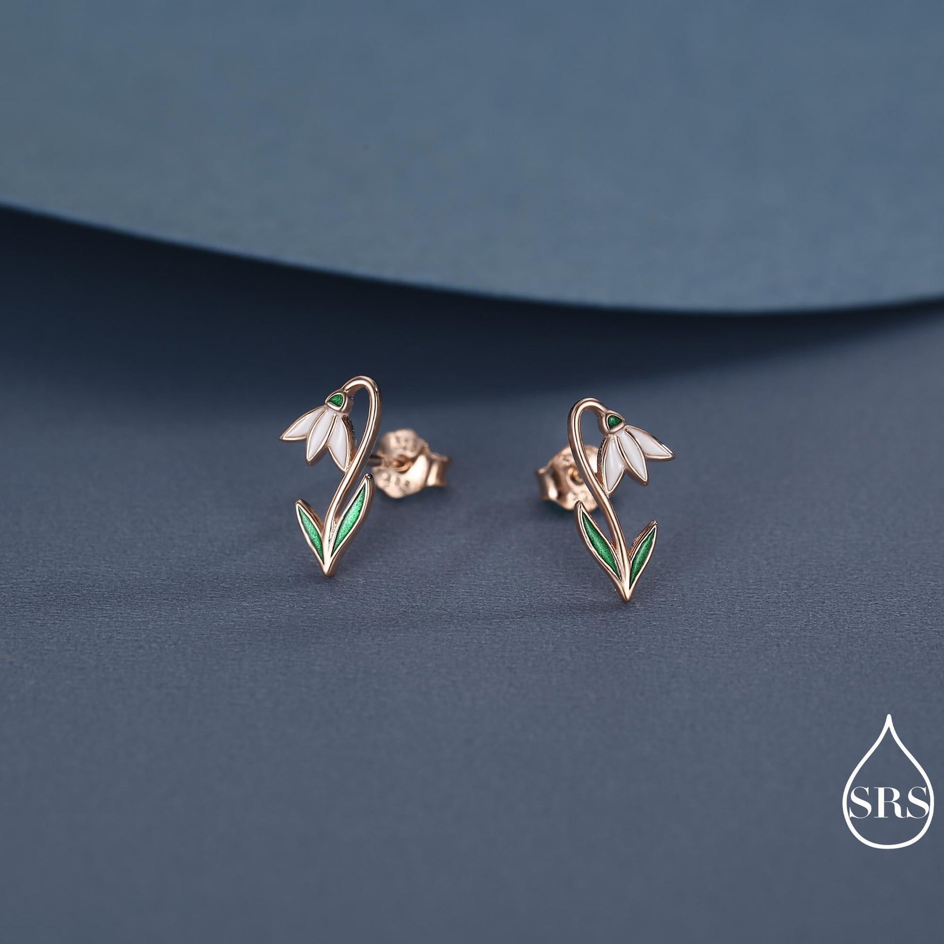 Sterling Silver Delicate Snowdrop Flower Stud Earrings with Enamel, Dainty Spring Blossom Earrings with Hand Applied Enamel