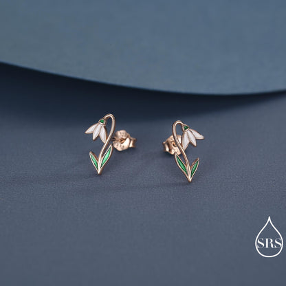 Sterling Silver Delicate Snowdrop Flower Stud Earrings with Enamel, Dainty Spring Blossom Earrings with Hand Applied Enamel