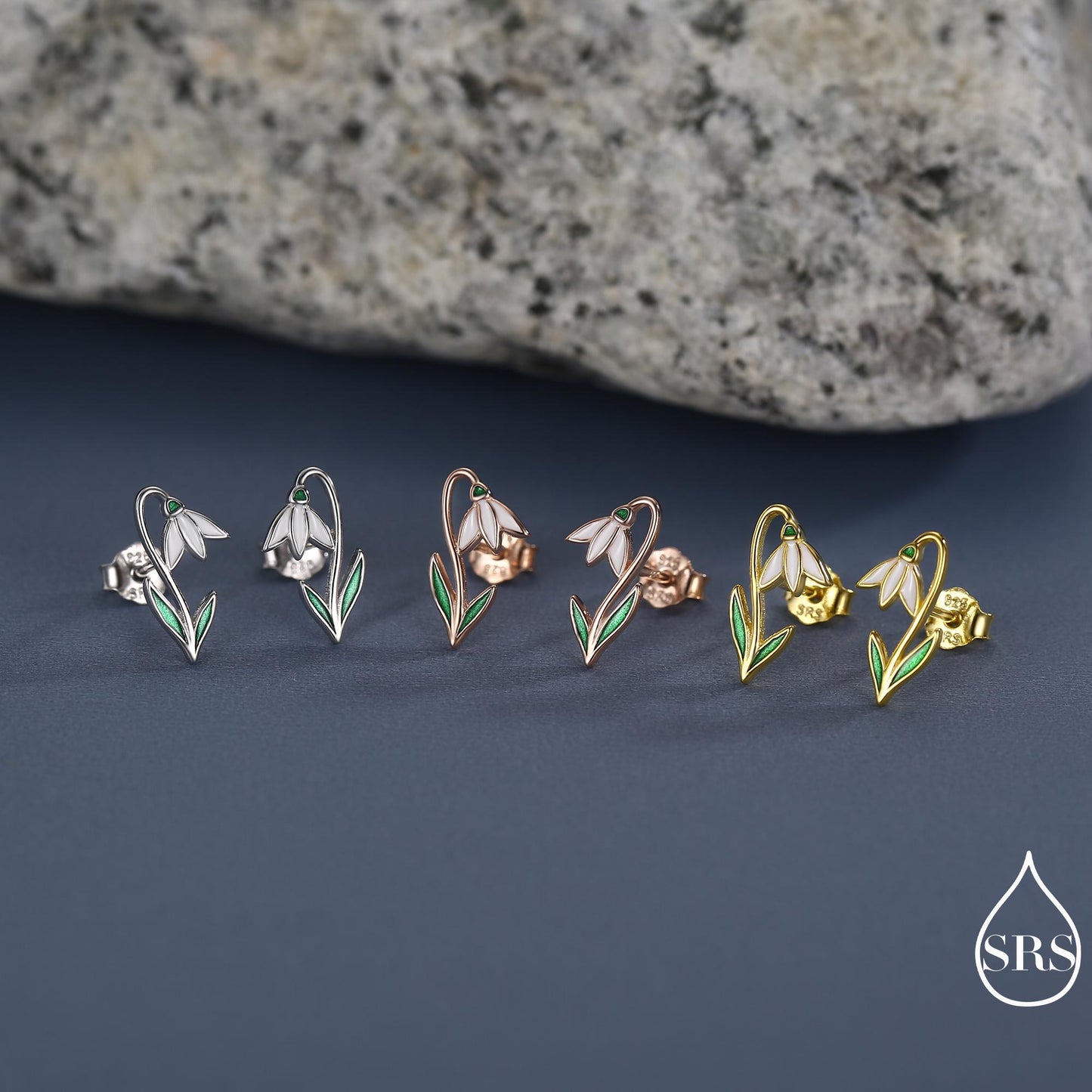 Sterling Silver Delicate Snowdrop Flower Stud Earrings with Enamel, Dainty Spring Blossom Earrings with Hand Applied Enamel