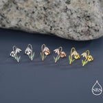 Sterling Silver Delicate Snowdrop Flower Stud Earrings with Enamel, Dainty Spring Blossom Earrings with Hand Applied Enamel