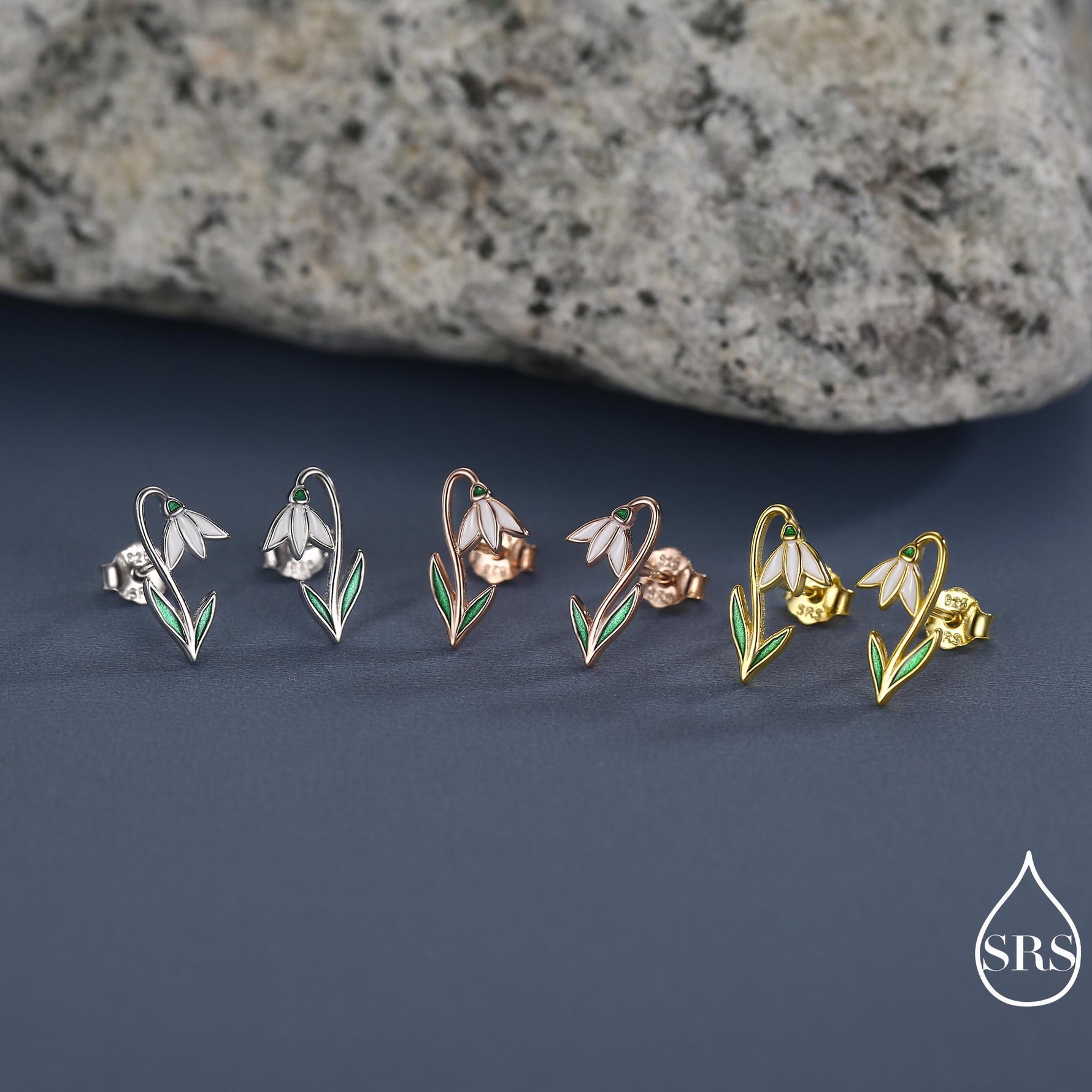 Sterling Silver Delicate Snowdrop Flower Stud Earrings with Enamel, Dainty Spring Blossom Earrings with Hand Applied Enamel