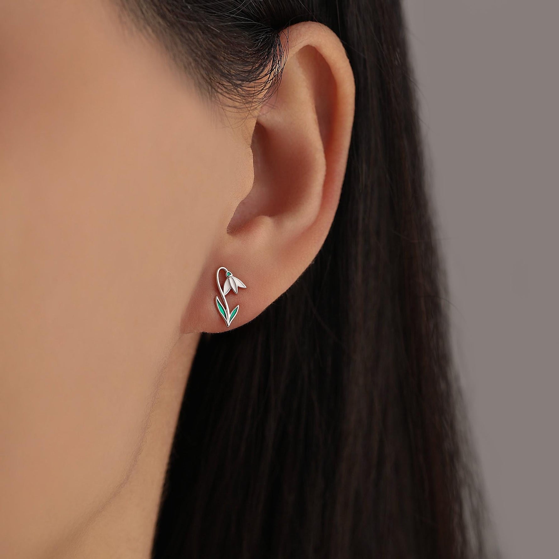 Sterling Silver Delicate Snowdrop Flower Stud Earrings with Enamel, Dainty Spring Blossom Earrings with Hand Applied Enamel