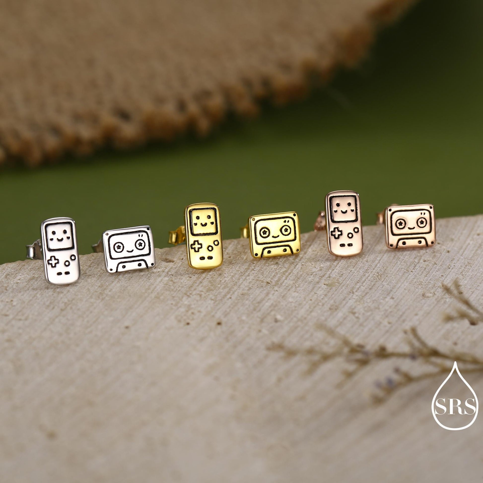 Retro Game Console & Music Cassette Tape Stud Earrings in Sterling Silver, Mismatched 90s Nostalgic Jewellery, Silver, Gold or Rose Gold