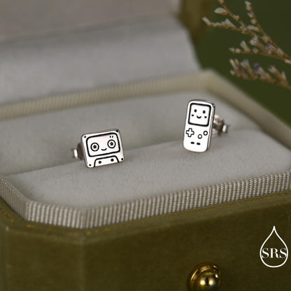 Retro Game Console & Music Cassette Tape Stud Earrings in Sterling Silver, Mismatched 90s Nostalgic Jewellery, Silver, Gold or Rose Gold