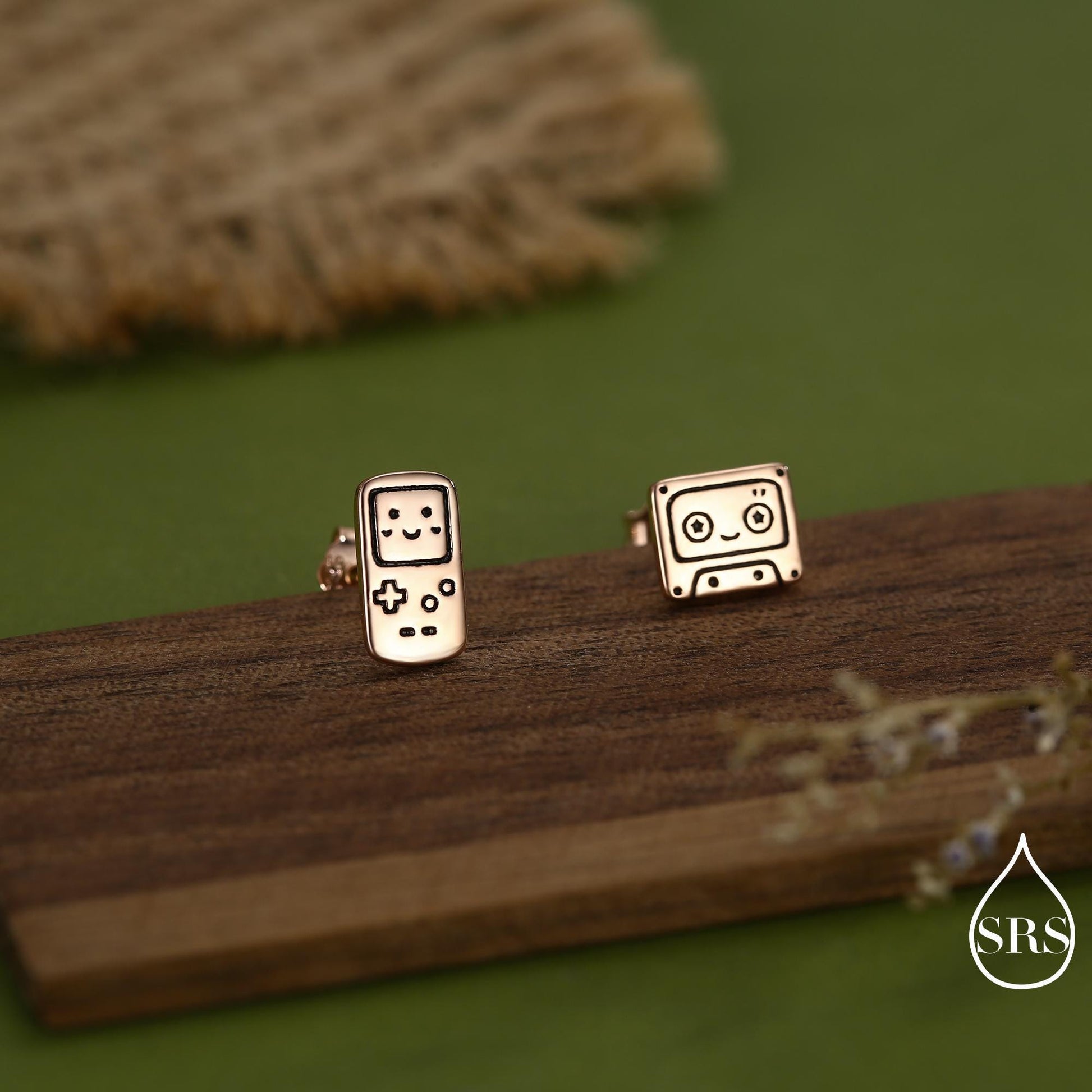 Retro Game Console & Music Cassette Tape Stud Earrings in Sterling Silver, Mismatched 90s Nostalgic Jewellery, Silver, Gold or Rose Gold