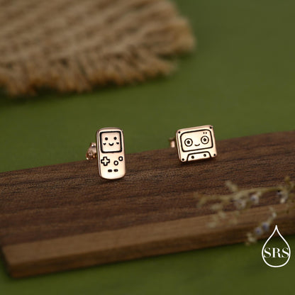 Retro Game Console & Music Cassette Tape Stud Earrings in Sterling Silver, Mismatched 90s Nostalgic Jewellery, Silver, Gold or Rose Gold