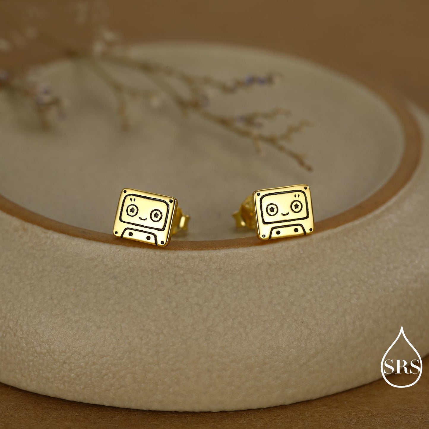 Retro Music Cassette Tape Stud Earrings in Sterling Silver, 90s Nostalgic Jewellery, Silver, Gold or Rose Gold Finish