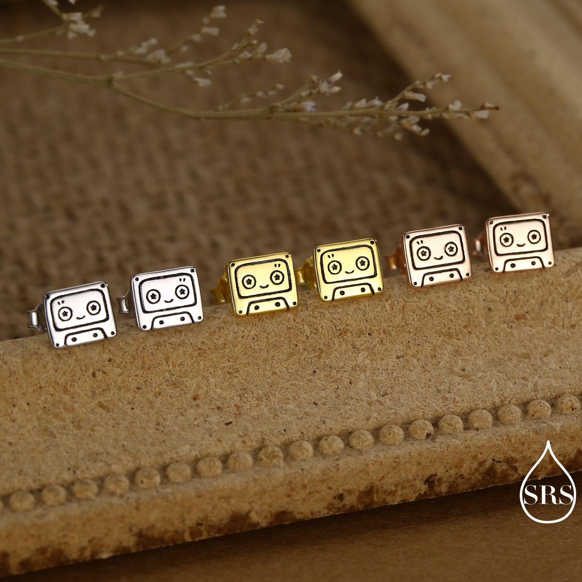 Retro Music Cassette Tape Stud Earrings in Sterling Silver, 90s Nostalgic Jewellery, Silver, Gold or Rose Gold Finish
