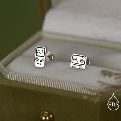 Retro Game Console & Music Cassette Tape Stud Earrings in Sterling Silver, Mismatched 90s Nostalgic Jewellery, Silver, Gold or Rose Gold