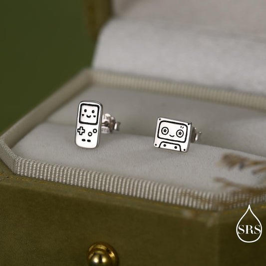 Retro Game Console & Music Cassette Tape Stud Earrings in Sterling Silver, Mismatched 90s Nostalgic Jewellery, Silver, Gold or Rose Gold