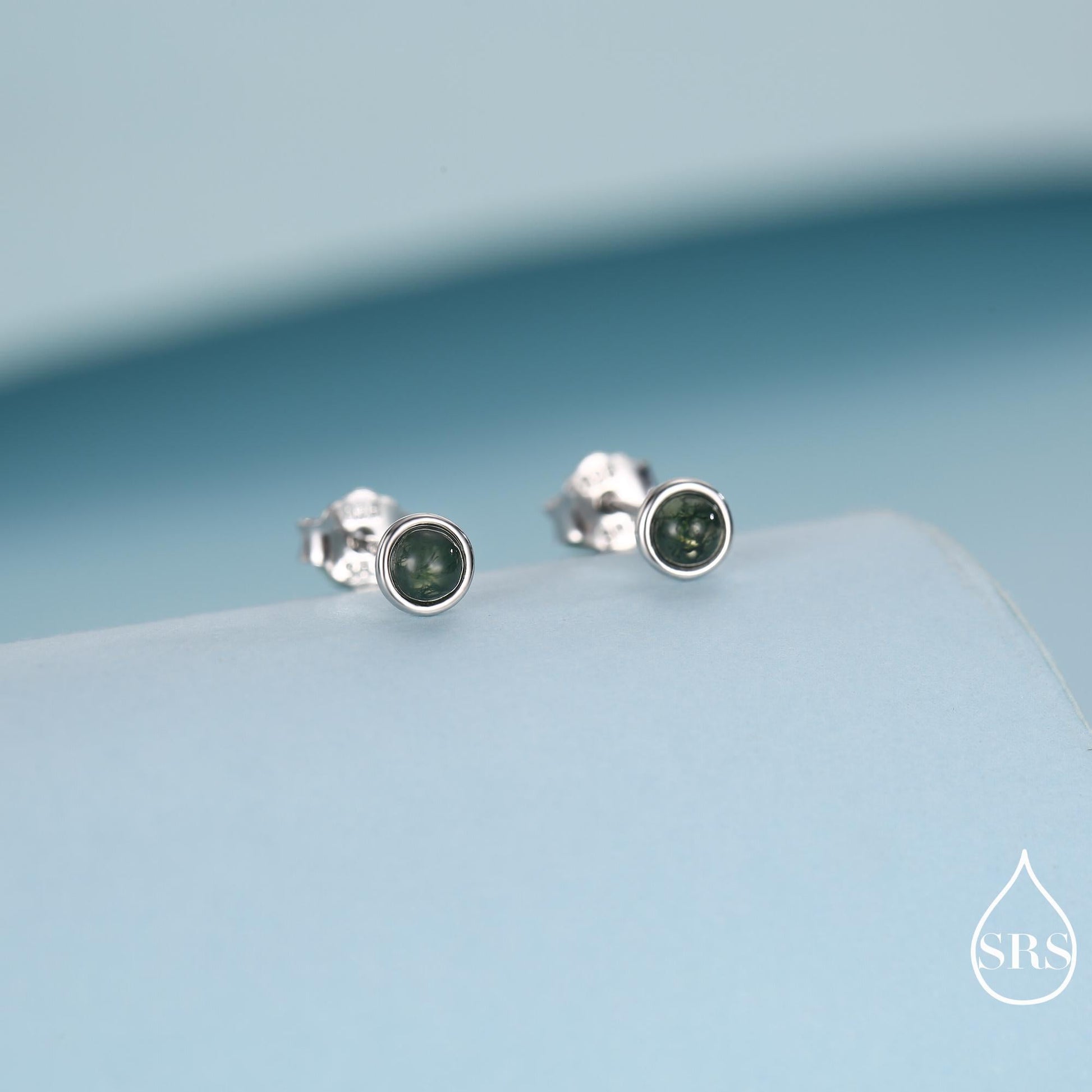Sterling Silver Natural Dark Moss Agate Stud Earrings, 3mm 4mm 5mm and 6mm, Genuine Moss Agate Gemstone Stud, Minimalist Style