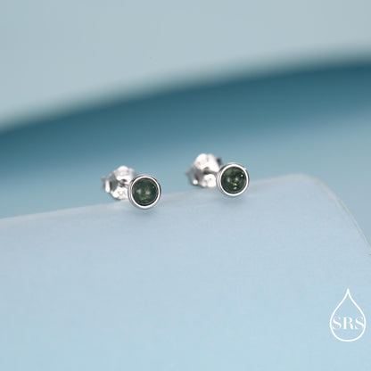 Sterling Silver Natural Dark Moss Agate Stud Earrings, 3mm 4mm 5mm and 6mm, Genuine Moss Agate Gemstone Stud, Minimalist Style