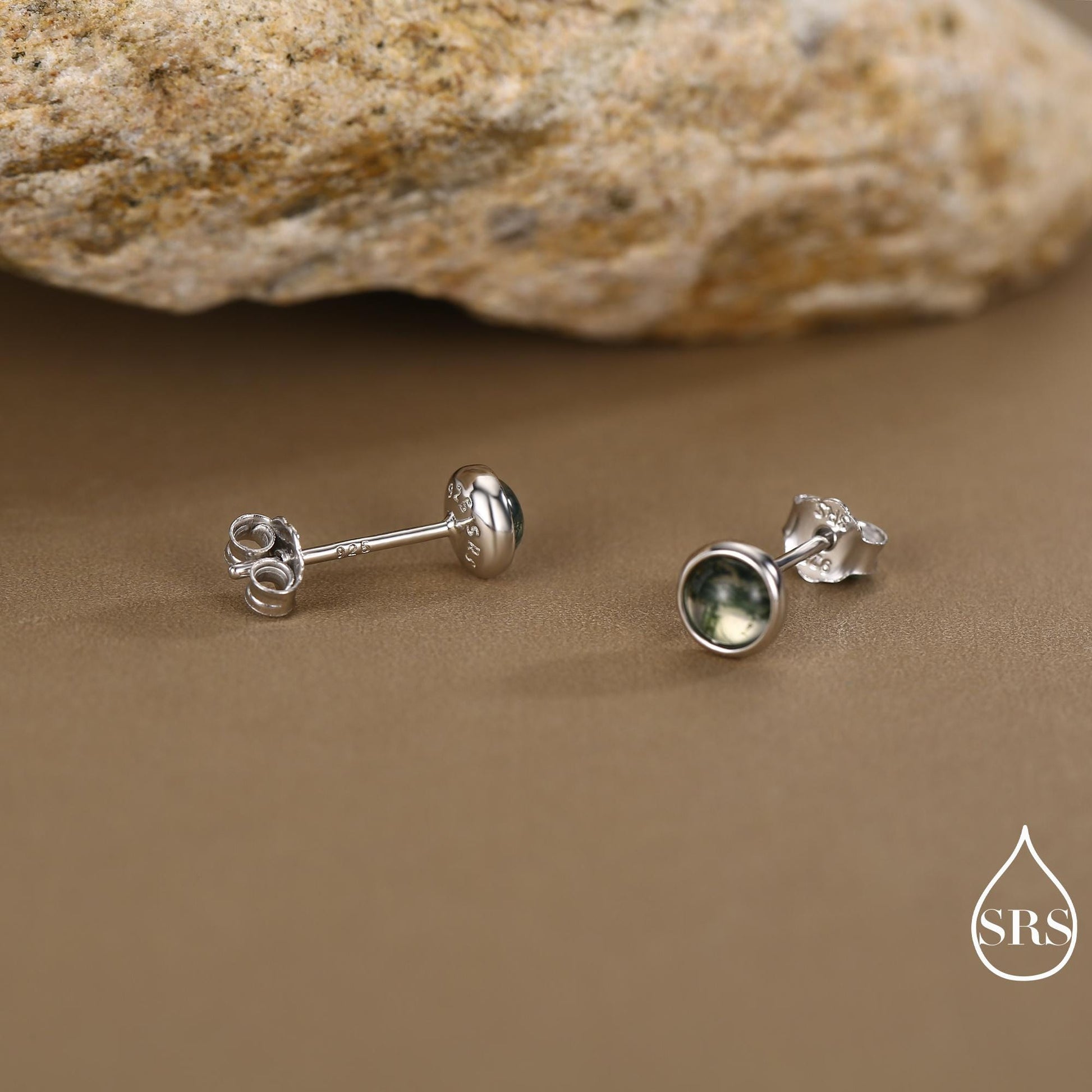 Sterling Silver Natural Dark Moss Agate Stud Earrings, 3mm 4mm 5mm and 6mm, Genuine Moss Agate Gemstone Stud, Minimalist Style