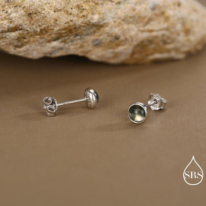 Sterling Silver Natural Dark Moss Agate Stud Earrings, 3mm 4mm 5mm and 6mm, Genuine Moss Agate Gemstone Stud, Minimalist Style