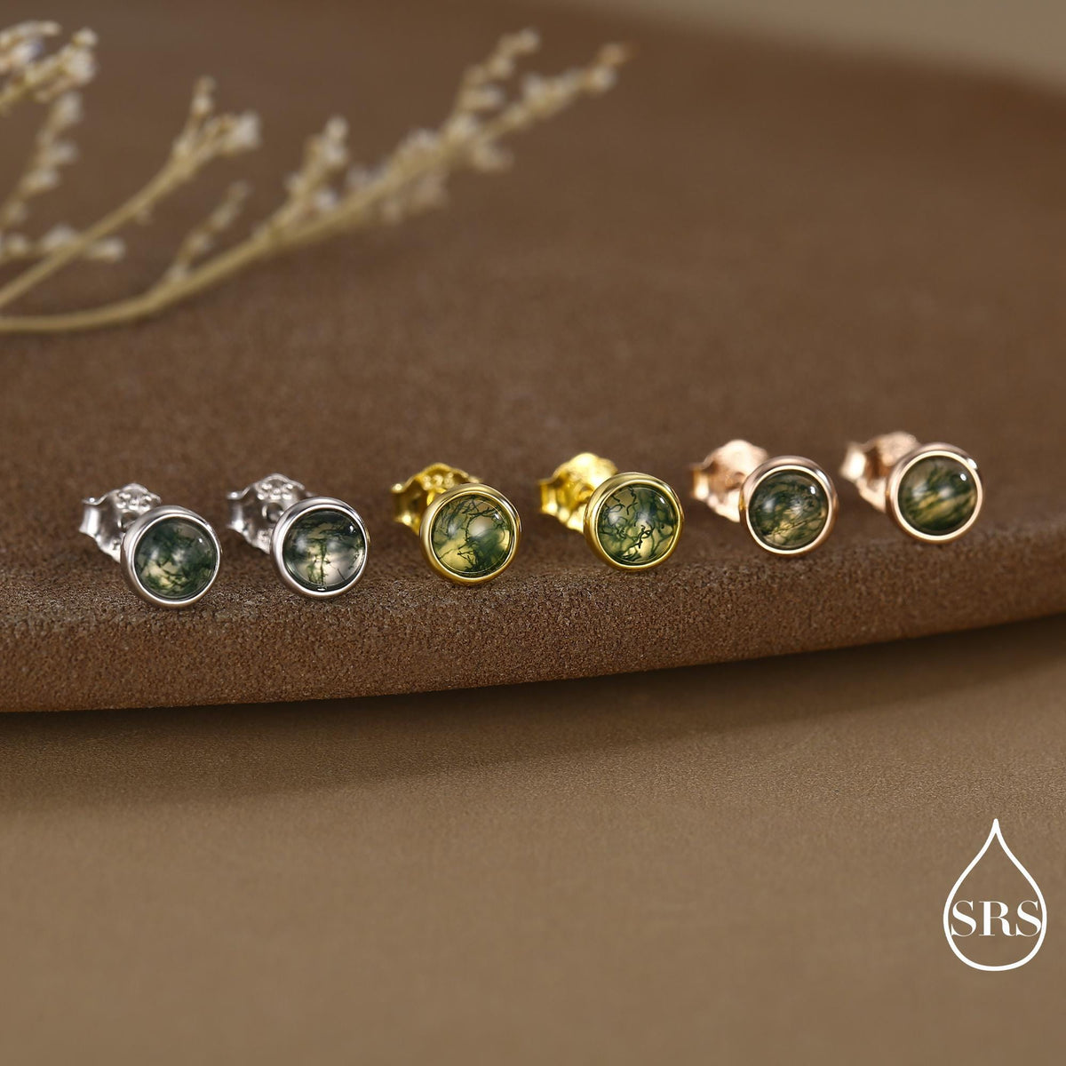 Sterling Silver Natural Dark Moss Agate Stud Earrings, 3mm 4mm 5mm and 6mm, Genuine Moss Agate Gemstone Stud, Minimalist Style