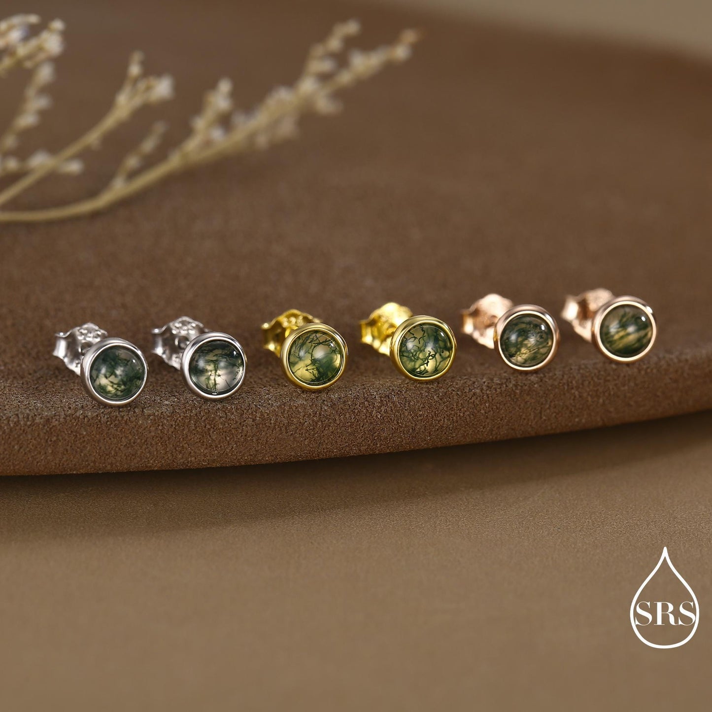 Sterling Silver Natural Dark Moss Agate Stud Earrings, 3mm 4mm 5mm and 6mm, Genuine Moss Agate Gemstone Stud, Minimalist Style