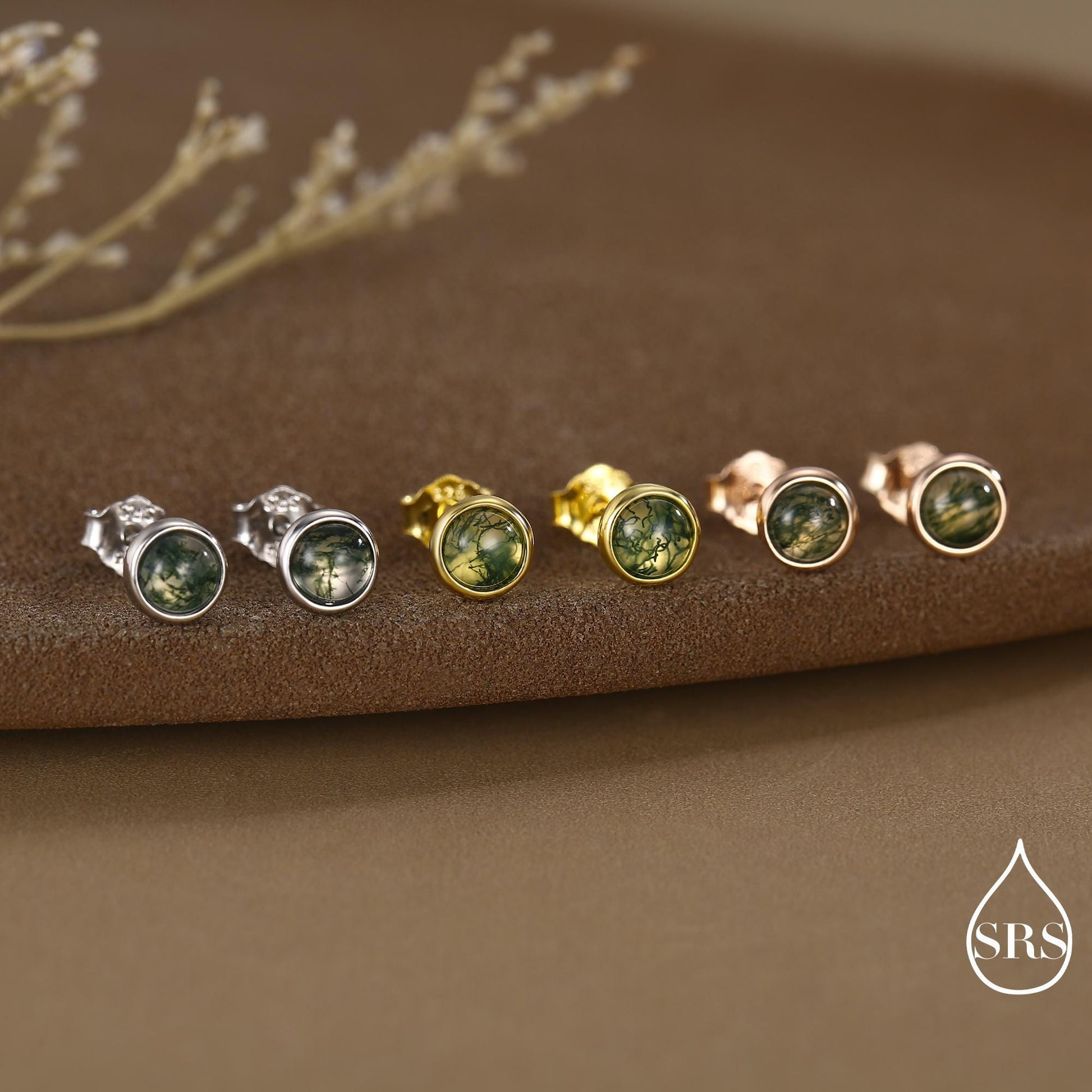 Sterling Silver Natural Dark Moss Agate Stud Earrings, 3mm 4mm 5mm and 6mm, Genuine Moss Agate Gemstone Stud, Minimalist Style