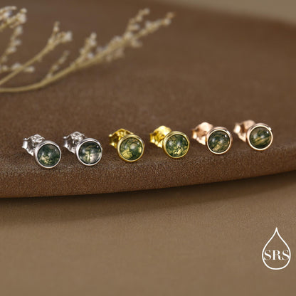 Sterling Silver Natural Dark Moss Agate Stud Earrings, 3mm 4mm 5mm and 6mm, Genuine Moss Agate Gemstone Stud, Minimalist Style
