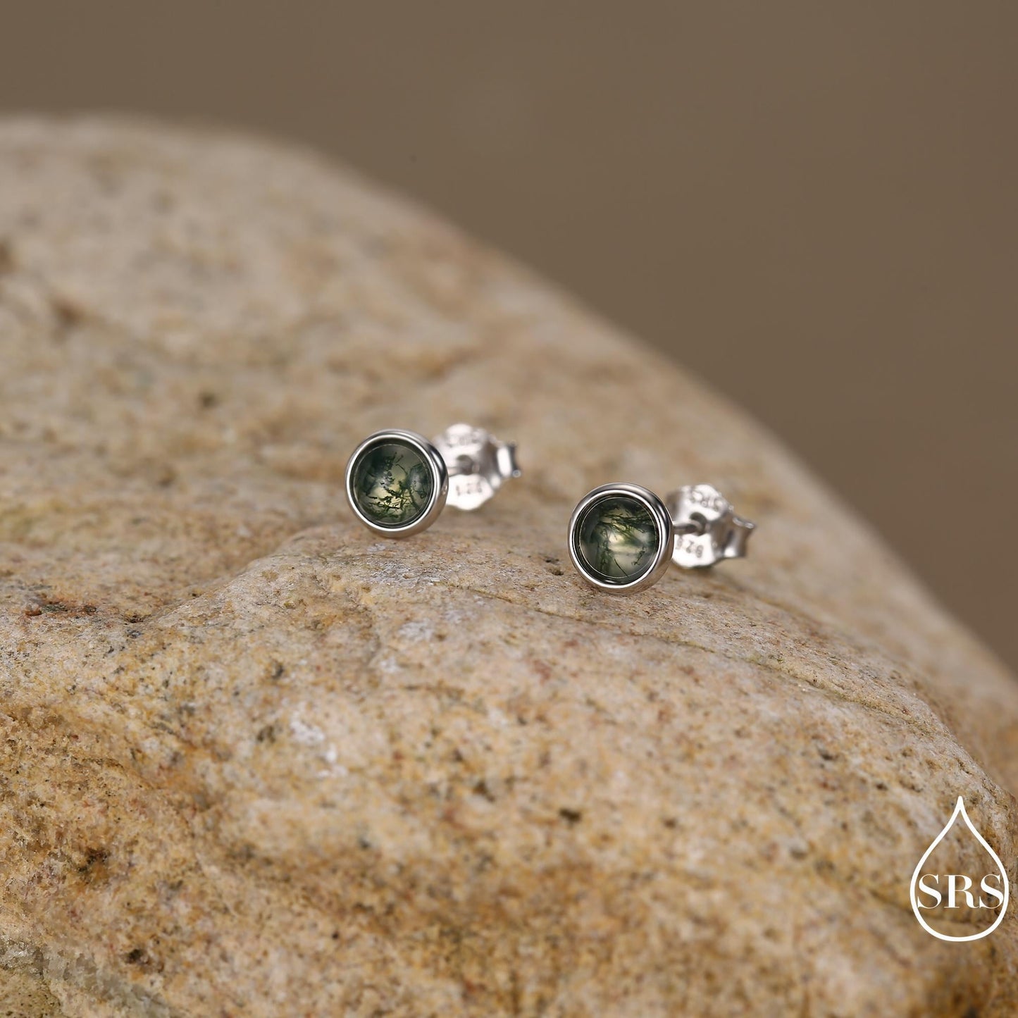Sterling Silver Natural Dark Moss Agate Stud Earrings, 3mm 4mm 5mm and 6mm, Genuine Moss Agate Gemstone Stud, Minimalist Style
