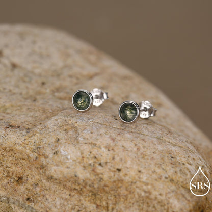 Sterling Silver Natural Dark Moss Agate Stud Earrings, 3mm 4mm 5mm and 6mm, Genuine Moss Agate Gemstone Stud, Minimalist Style