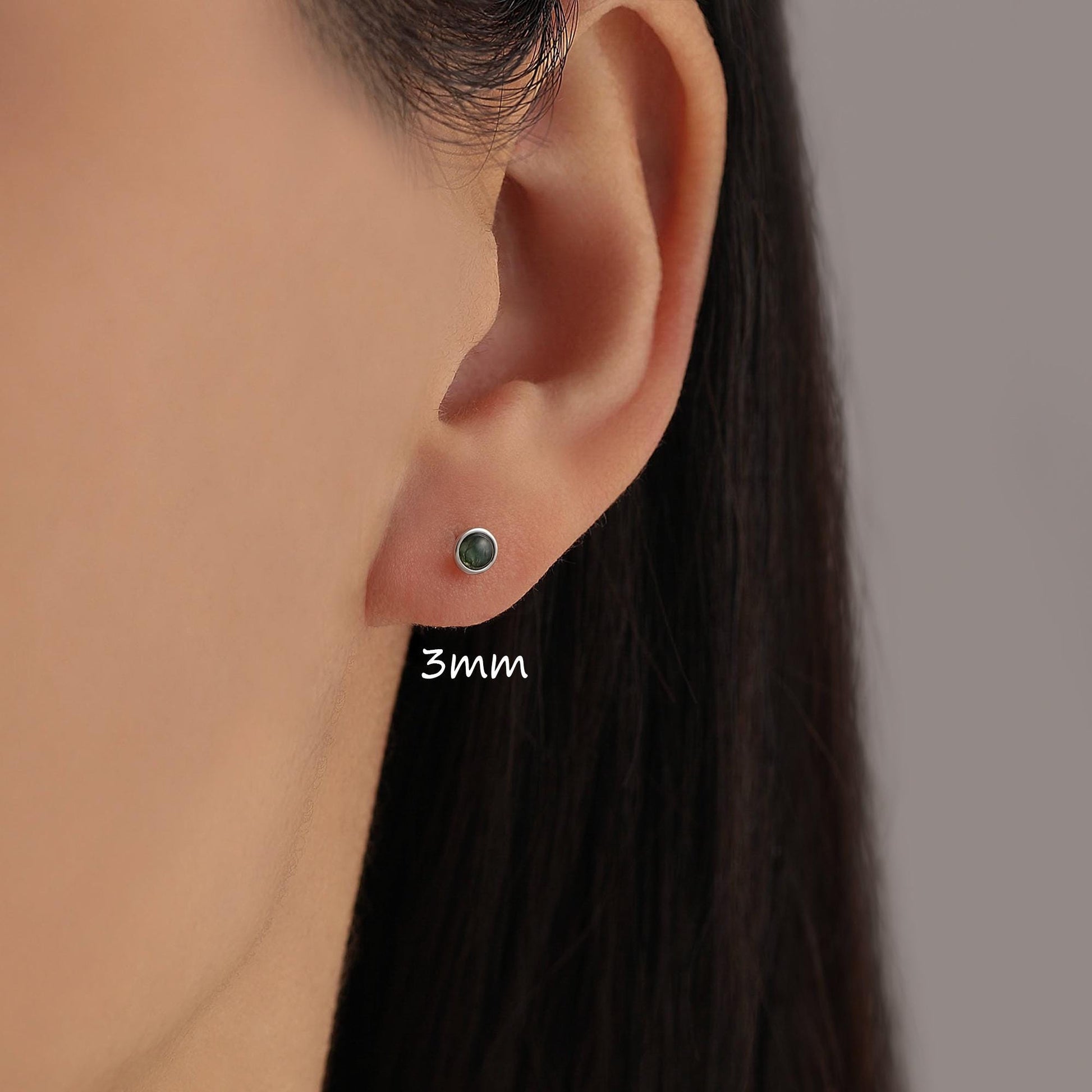 Sterling Silver Natural Dark Moss Agate Stud Earrings, 3mm 4mm 5mm and 6mm, Genuine Moss Agate Gemstone Stud, Minimalist Style