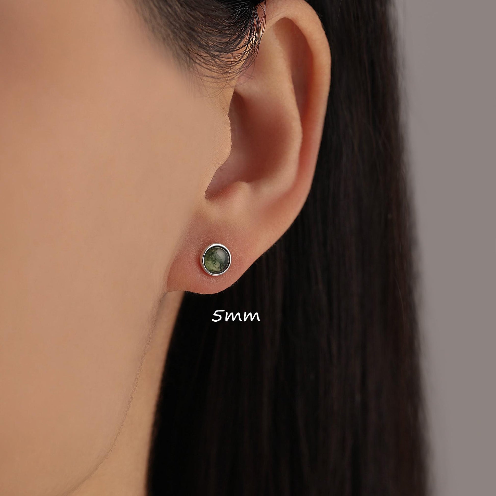 Sterling Silver Natural Dark Moss Agate Stud Earrings, 3mm 4mm 5mm and 6mm, Genuine Moss Agate Gemstone Stud, Minimalist Style