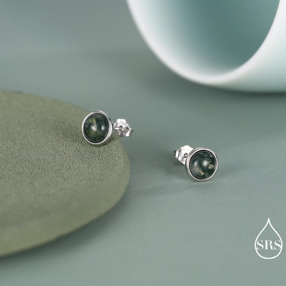Sterling Silver Natural Dark Moss Agate Stud Earrings, 3mm 4mm 5mm and 6mm, Genuine Moss Agate Gemstone Stud, Minimalist Style