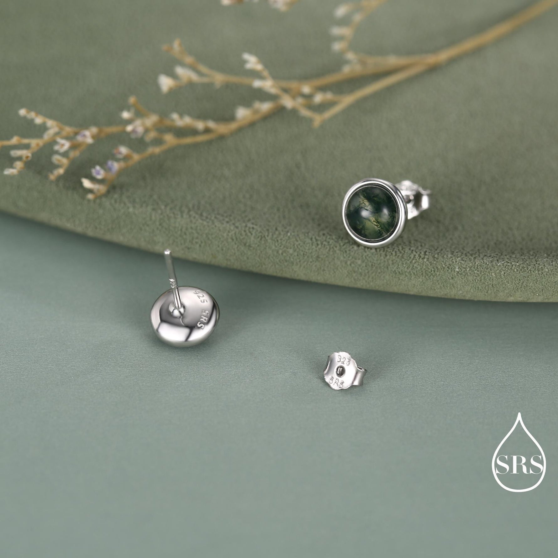 Sterling Silver Natural Dark Moss Agate Stud Earrings, 3mm 4mm 5mm and 6mm, Genuine Moss Agate Gemstone Stud, Minimalist Style