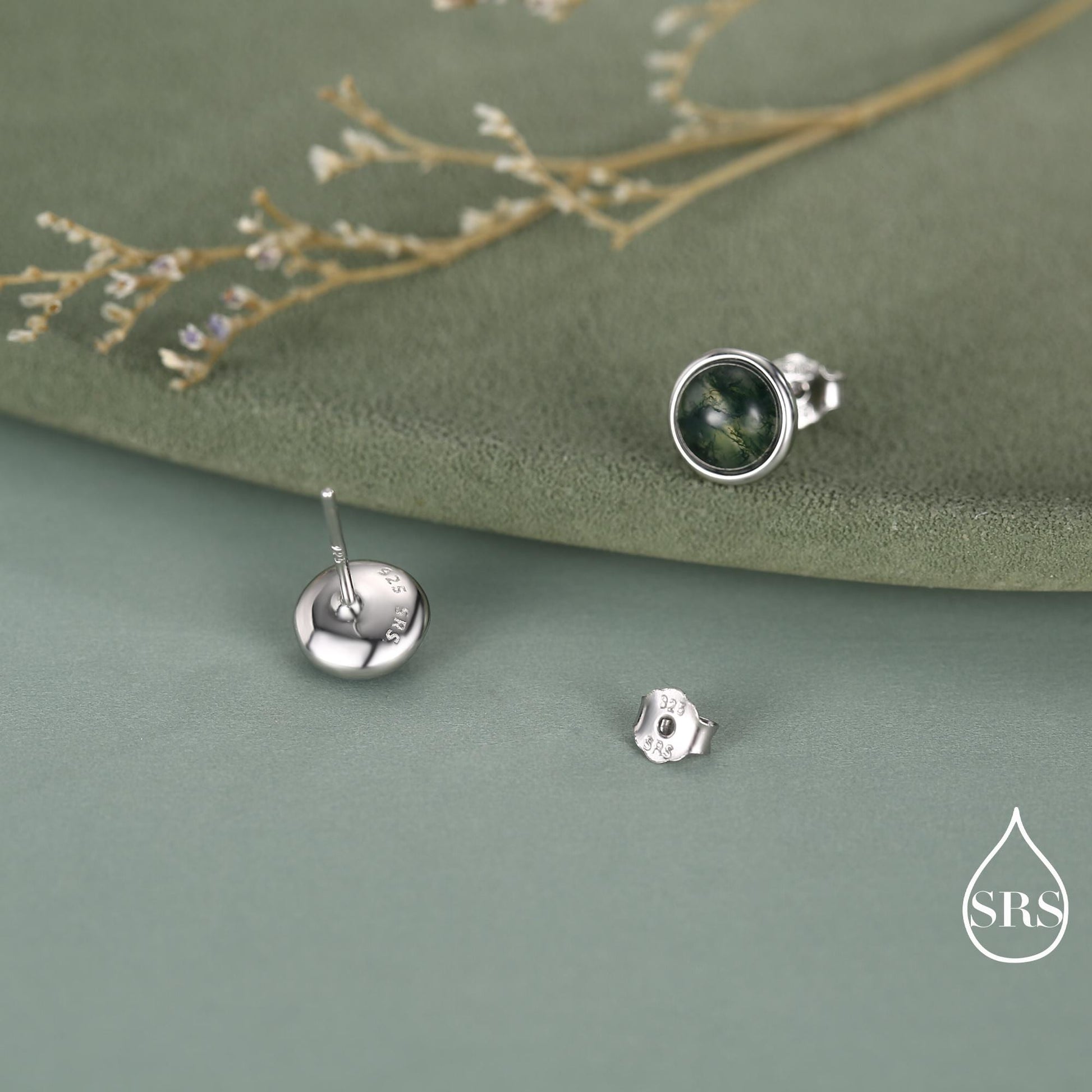 Sterling Silver Natural Dark Moss Agate Stud Earrings, 3mm 4mm 5mm and 6mm, Genuine Moss Agate Gemstone Stud, Minimalist Style