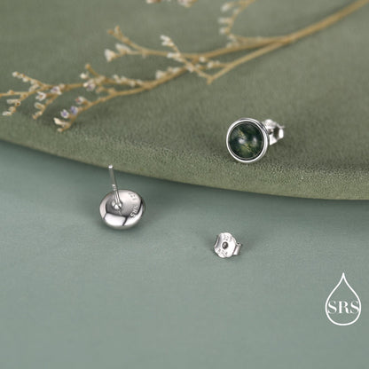 Sterling Silver Natural Dark Moss Agate Stud Earrings, 3mm 4mm 5mm and 6mm, Genuine Moss Agate Gemstone Stud, Minimalist Style