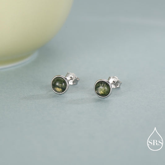 Sterling Silver Natural Dark Moss Agate Stud Earrings, 3mm 4mm 5mm and 6mm, Genuine Moss Agate Gemstone Stud, Minimalist Style