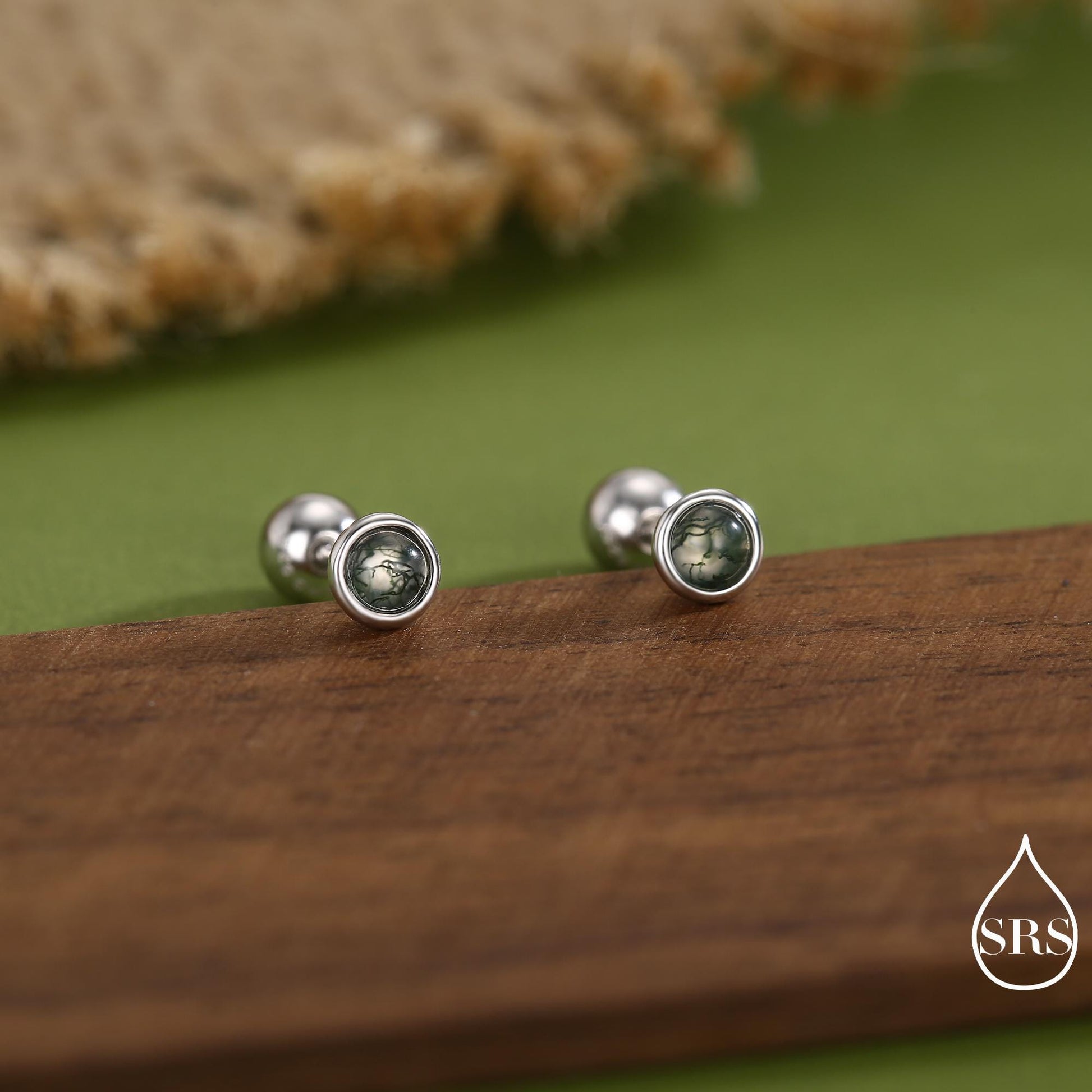 Natural Moss Agate Screw Back Earrings in Sterling Silver, 3mm, 4mm, 5mm and 6mm, Genuine Moss Agate Gemstone Stud