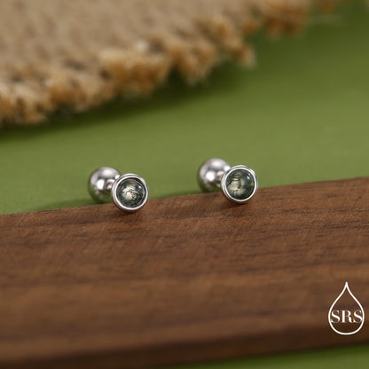 Natural Moss Agate Screw Back Earrings in Sterling Silver, 3mm, 4mm, 5mm and 6mm, Genuine Moss Agate Gemstone Stud