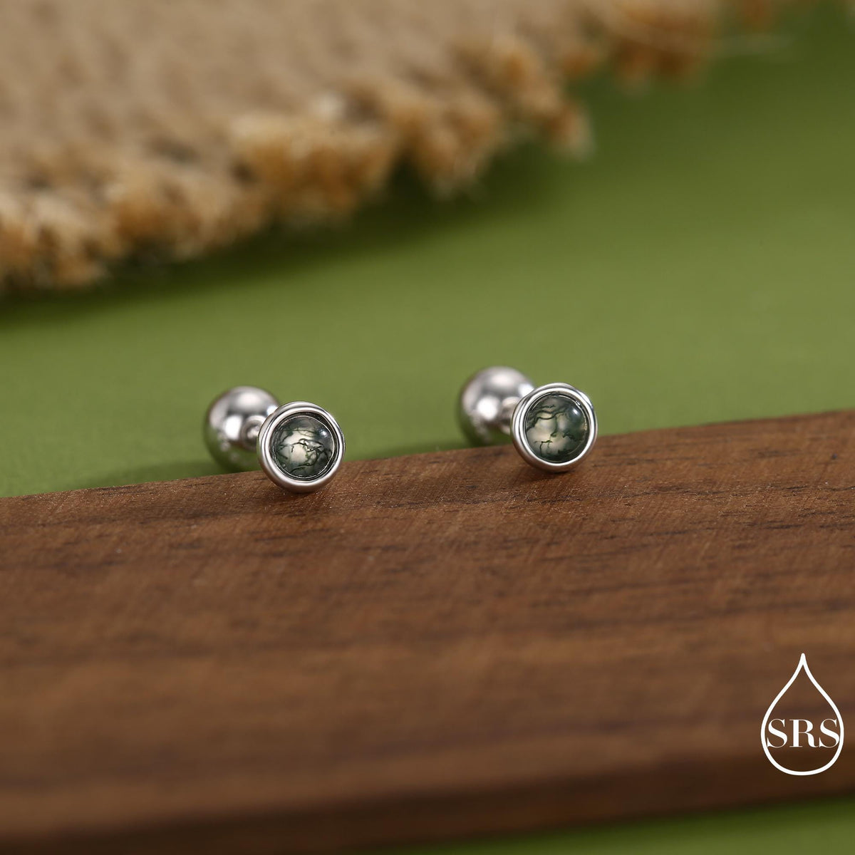 Natural Moss Agate Screw Back Earrings in Sterling Silver, 3mm, 4mm, 5mm and 6mm, Genuine Moss Agate Gemstone Stud
