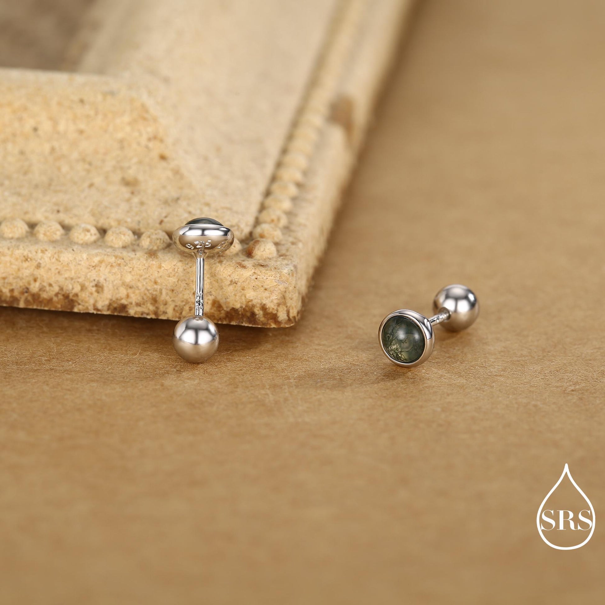 Natural Moss Agate Screw Back Earrings in Sterling Silver, 3mm, 4mm, 5mm and 6mm, Genuine Moss Agate Gemstone Stud