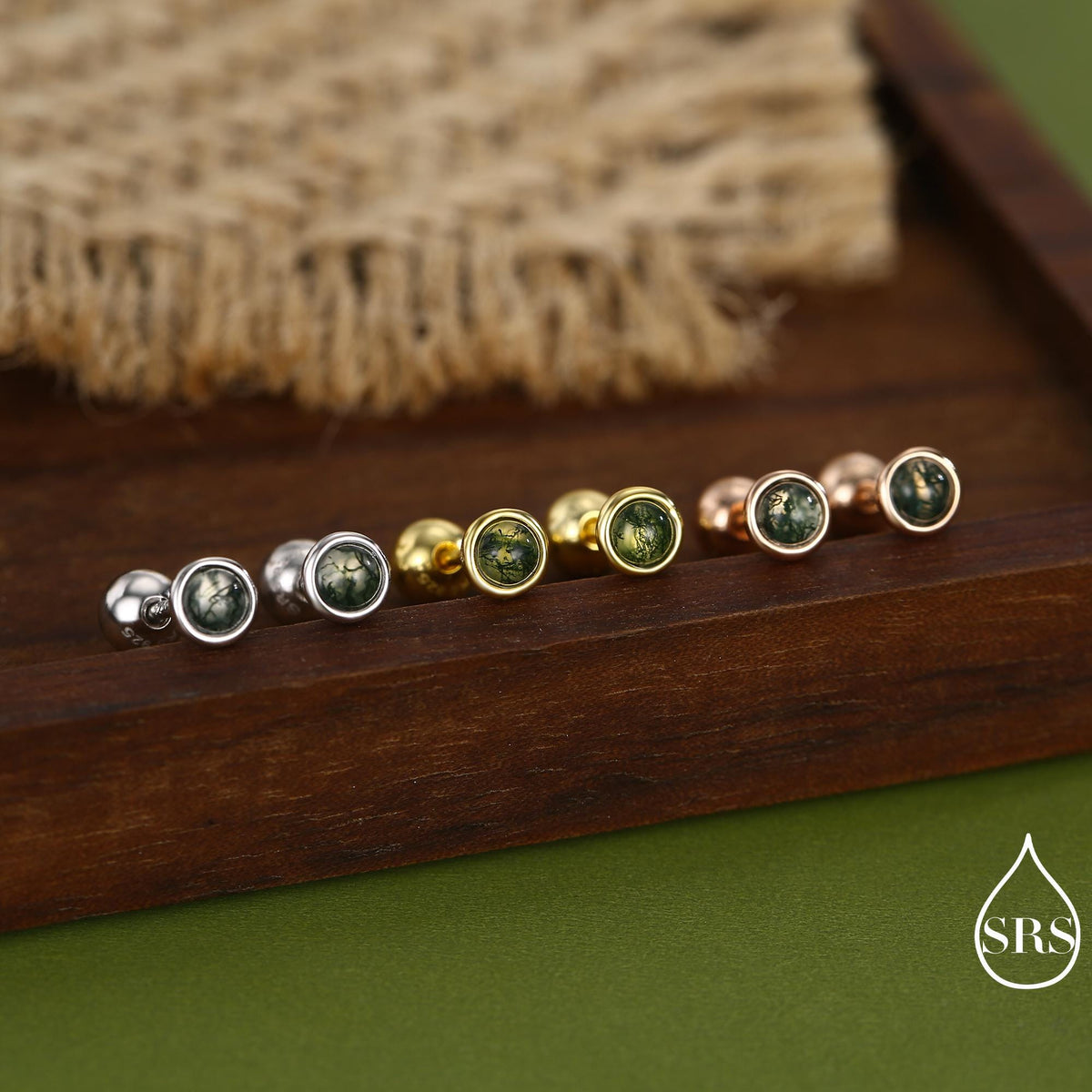 Natural Moss Agate Screw Back Earrings in Sterling Silver, 3mm, 4mm, 5mm and 6mm, Genuine Moss Agate Gemstone Stud