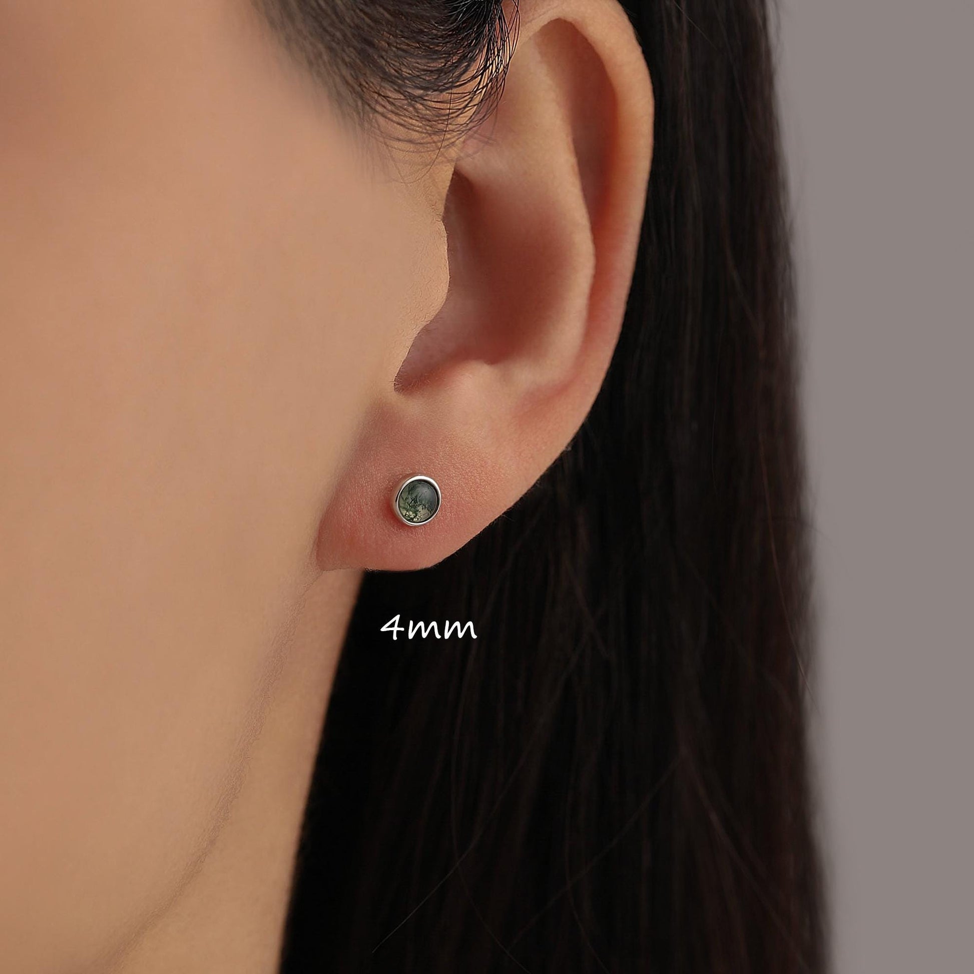 Natural Moss Agate 16G 8mm Flat Back Earrings in Sterling Silver, 3mm, 4mm, 5mm and 6mm, Genuine Moss Agate Gemstone Stud