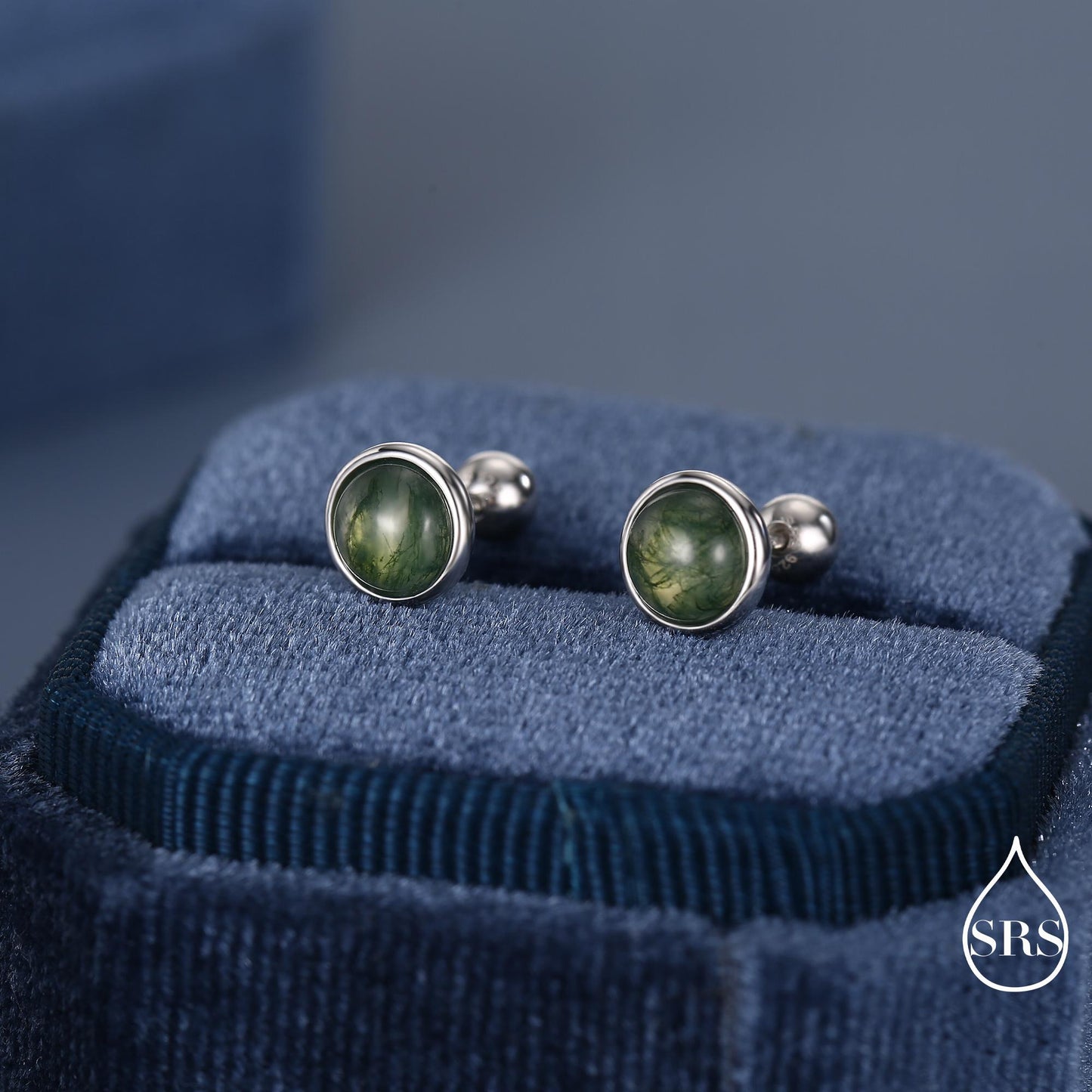 Natural Moss Agate Screw Back Earrings in Sterling Silver, 3mm, 4mm, 5mm and 6mm, Genuine Moss Agate Gemstone Stud