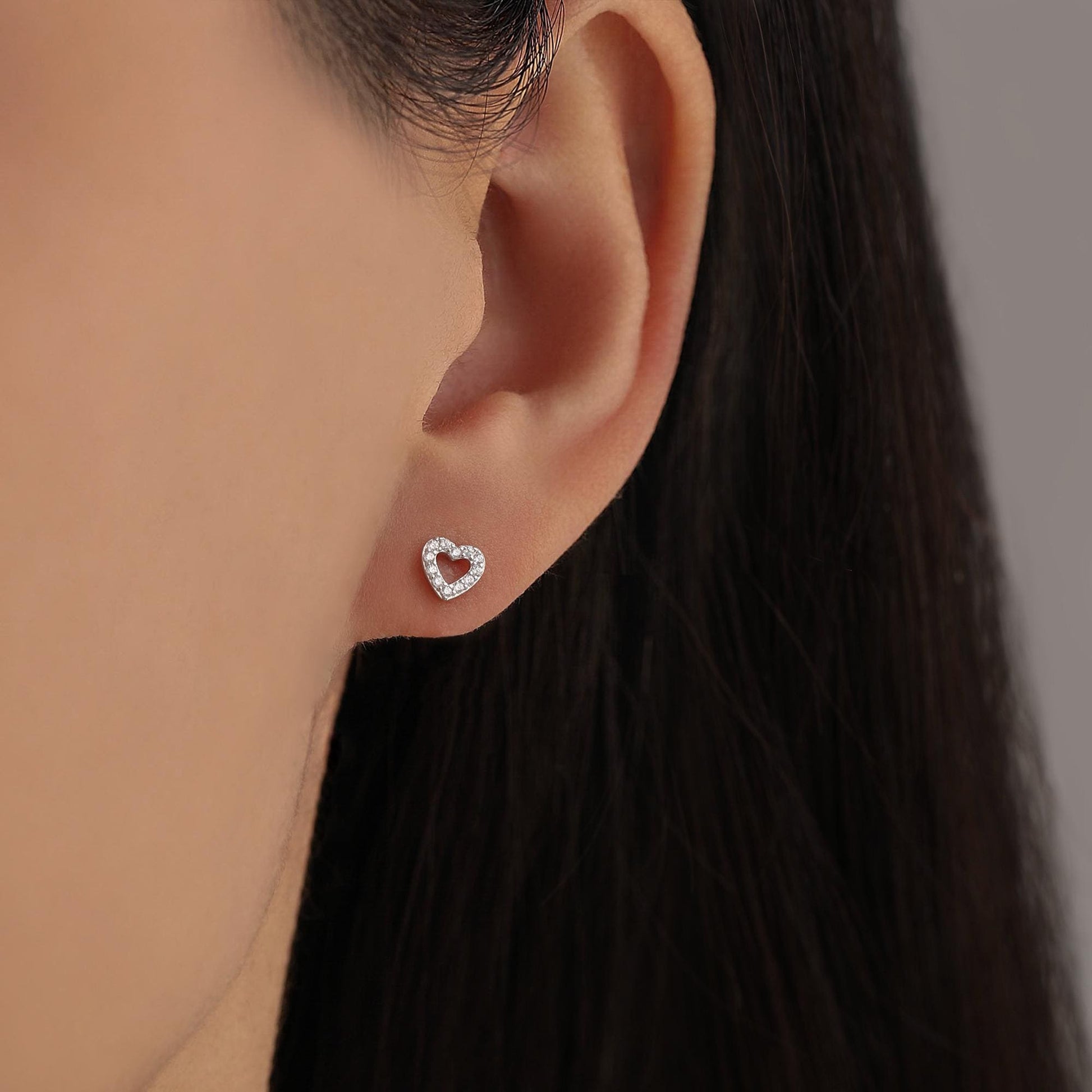 Tiny Open Heart Internally Threaded Flat Back / Stud Earrings in Sterling Silver, Silver or Gold or Rose Gold, CZ Heart Stud