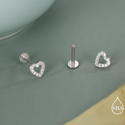 Tiny Open Heart Internally Threaded Flat Back / Stud Earrings in Sterling Silver, Silver or Gold or Rose Gold, CZ Heart Stud