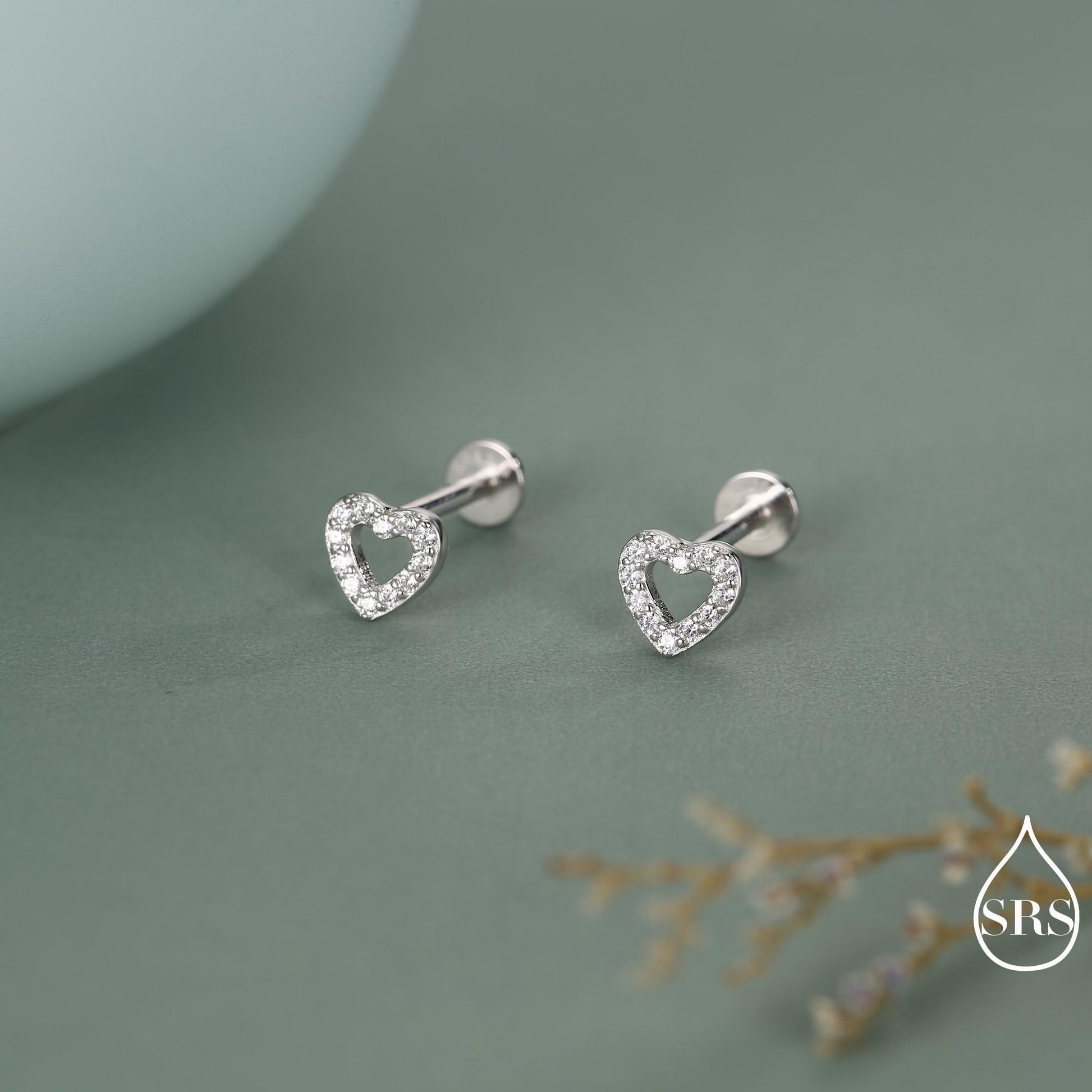 Tiny Open Heart Internally Threaded Flat Back / Stud Earrings in Sterling Silver, Silver or Gold or Rose Gold, CZ Heart Stud