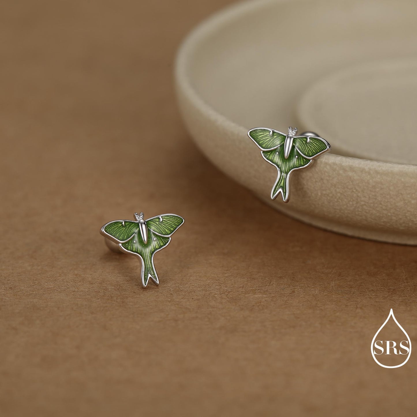 Lunar Moth Enamel Screw Back / Flat Back / Stud Earrings in Sterling Silver, Green Enamel Butterfly Earrings, Nature-Inspired Animal Earring