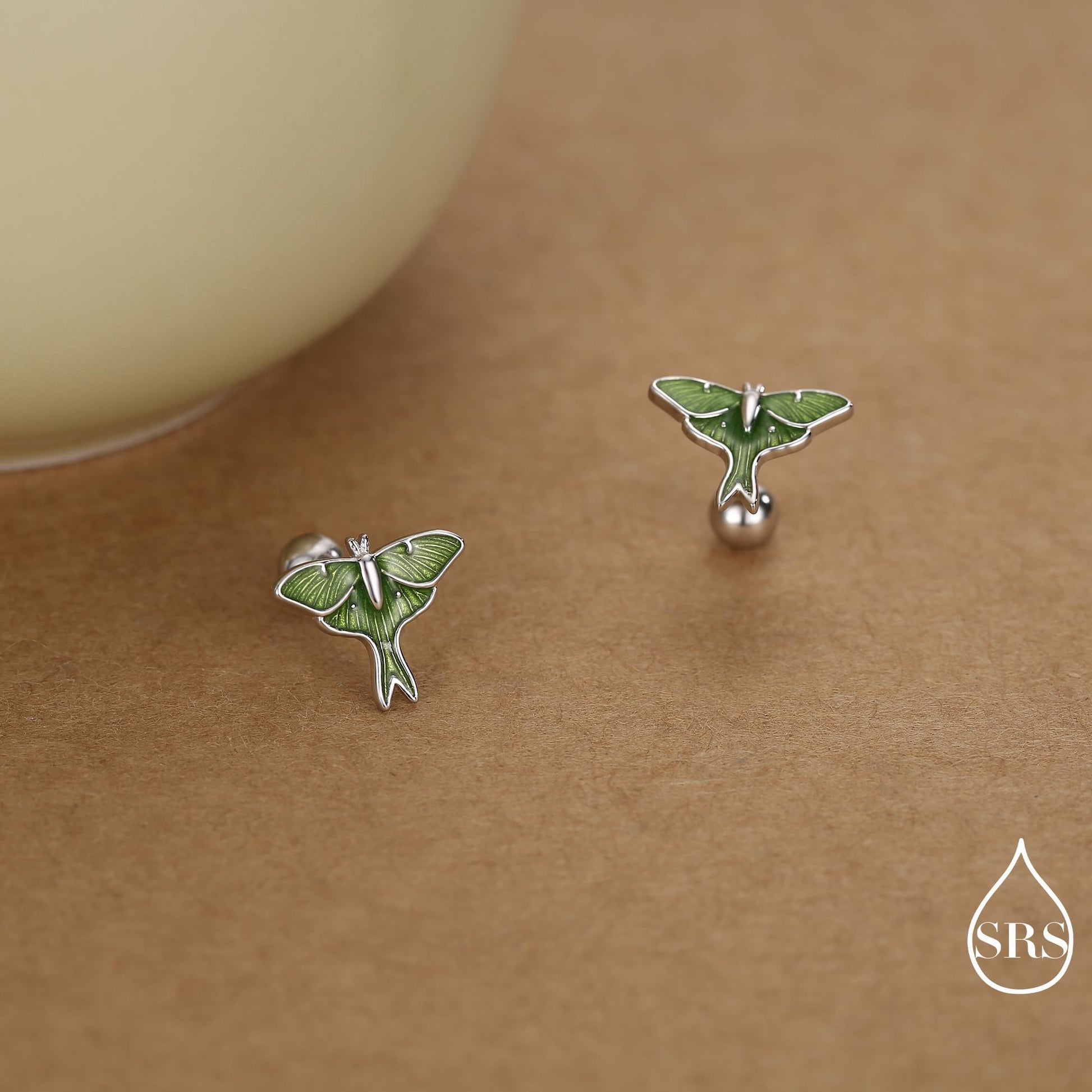 Lunar Moth Enamel Screw Back / Flat Back / Stud Earrings in Sterling Silver, Green Enamel Butterfly Earrings, Nature-Inspired Animal Earring